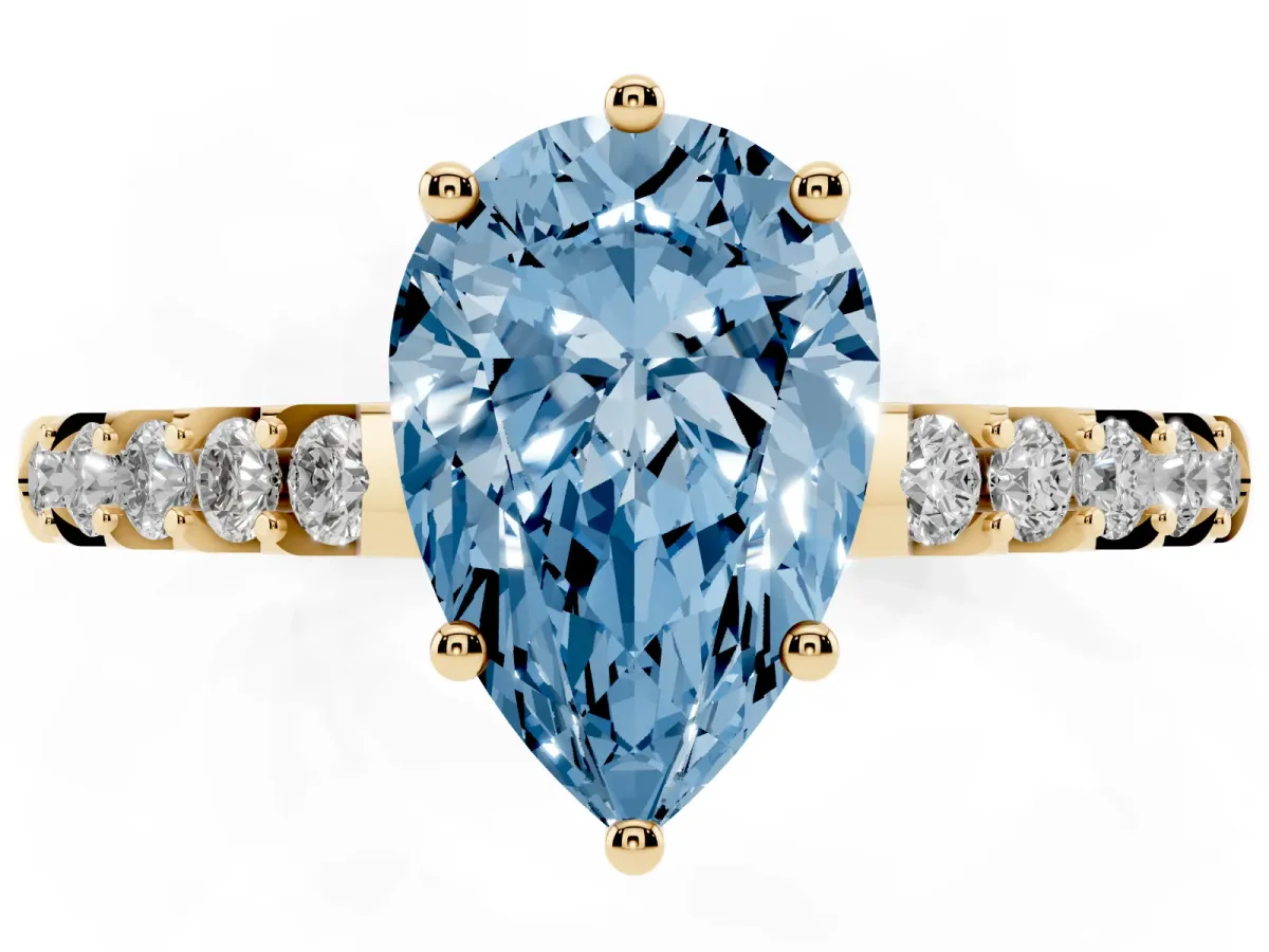 Fancy Blue Pear Cut Solitaire Diamond Engagement Ring with Pavé Band and Six-Prong Setting Yellow gold