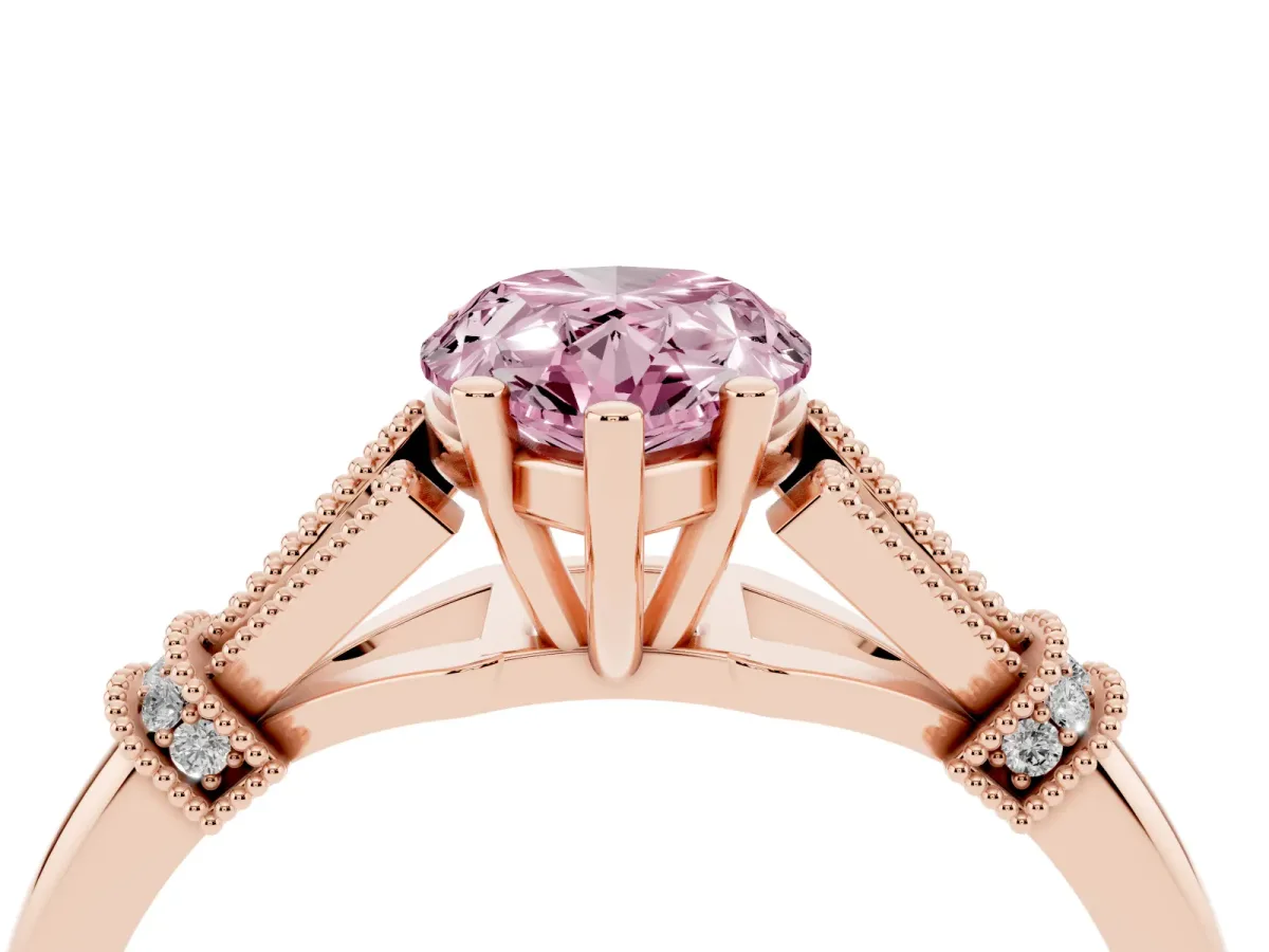 Fancy Pink Pear Cut Diamond Solitaire Ring with Floral Filigree and Pave Accents Rose gold