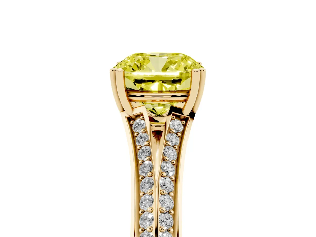 Fancy Yellow Cushion Cut Diamond Split Shank Engagement Ring with Pavé Band Yellow gold