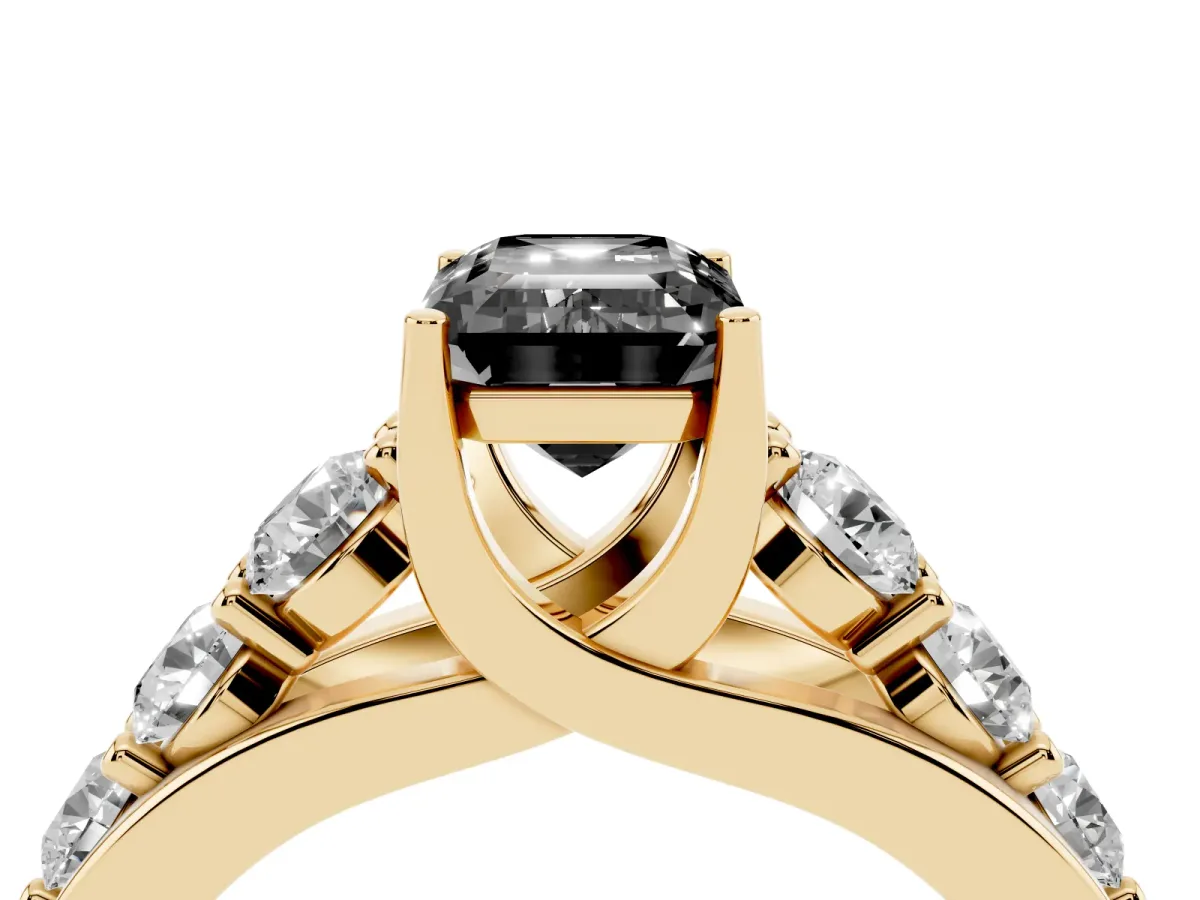 Fancy Black Emerald Cut Diamond Engagement Ring with Pavé Band and Four-Prong Setting Yellow gold