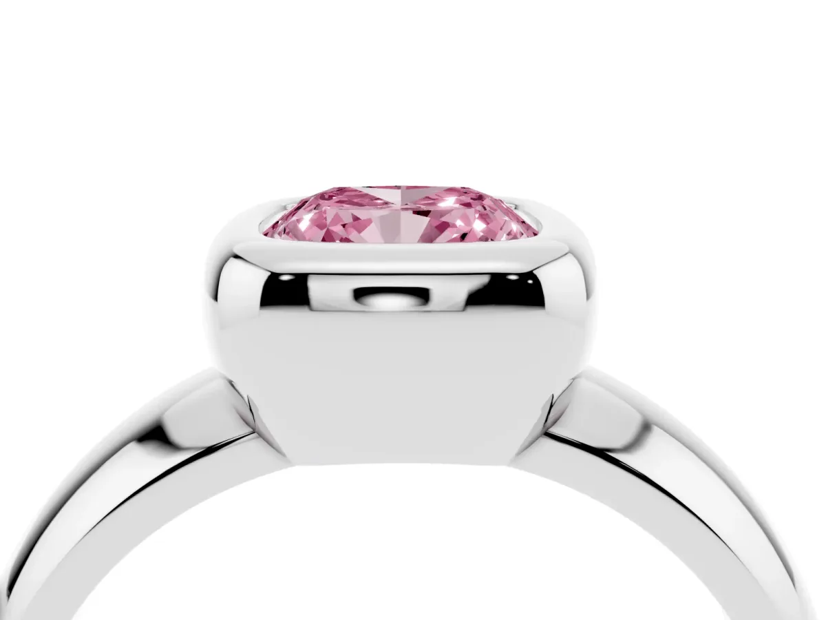 Fancy Pink Bezel Set Cushion Cut Solitaire Ring with Wide Band Silver