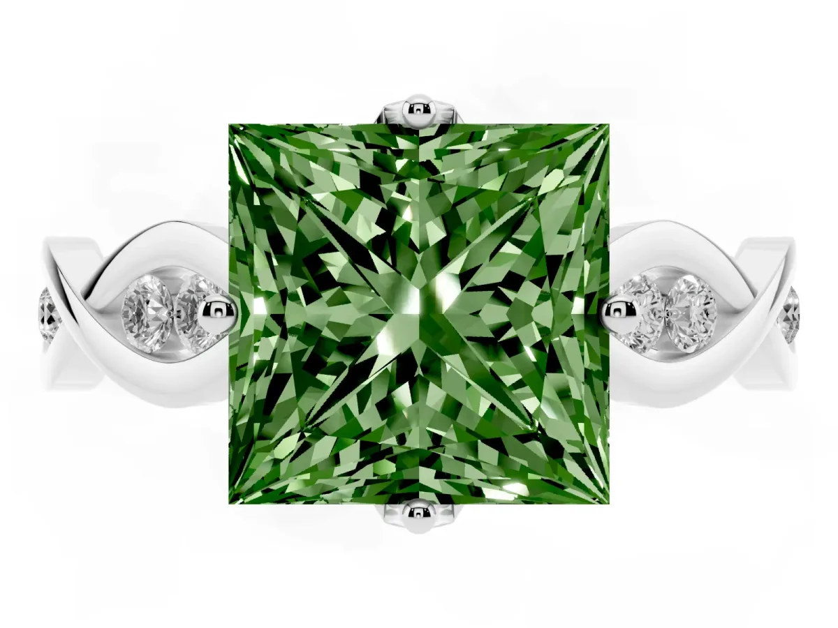 Fancy Green Princess Cut Solitaire Twist Band with Leaf Prong Setting Silver