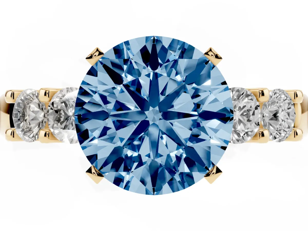 Fancy Blue Round Cut Brilliant Cut Diamond Five-Stone Prong Set Engagement Ring with Channel Band Yellow gold