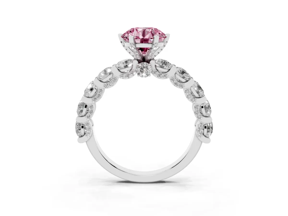 Fancy Pink Round Cut Diamond Side Stone Engagement Ring with Four-Prong Setting Silver
