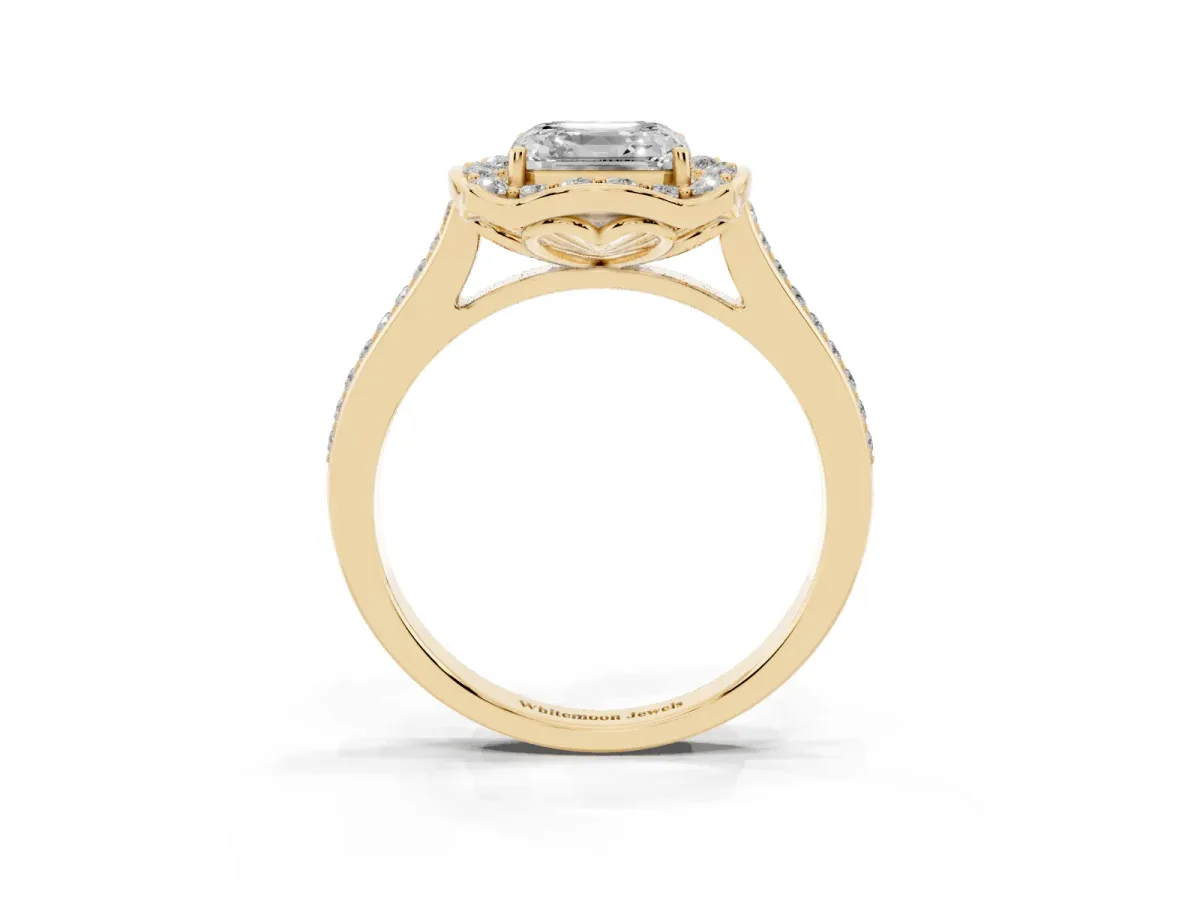Asscher Cut Halo Round Diamond Pave Band with Four-Prong Setting Yellow gold