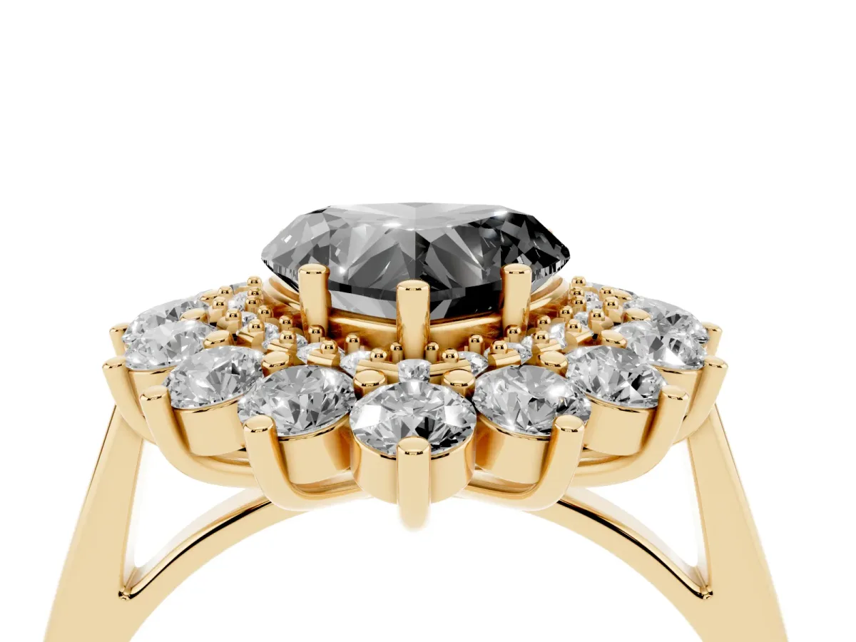 Fancy Black Heart Cut Diamond Floral Double Halo Engagement Ring with Prong Setting Yellow gold