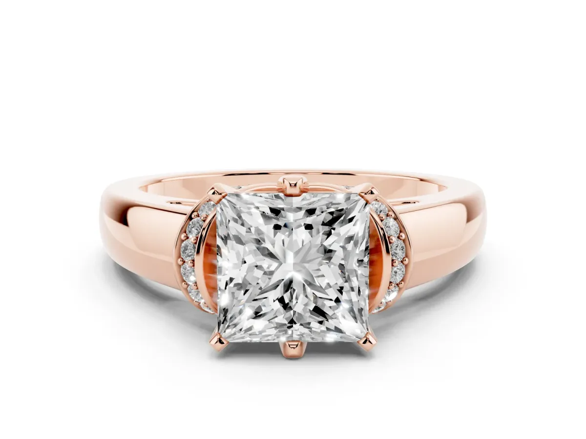 Princess Cut Solitaire Diamond Ring with Pave Band and Six-Prong Setting Rose gold