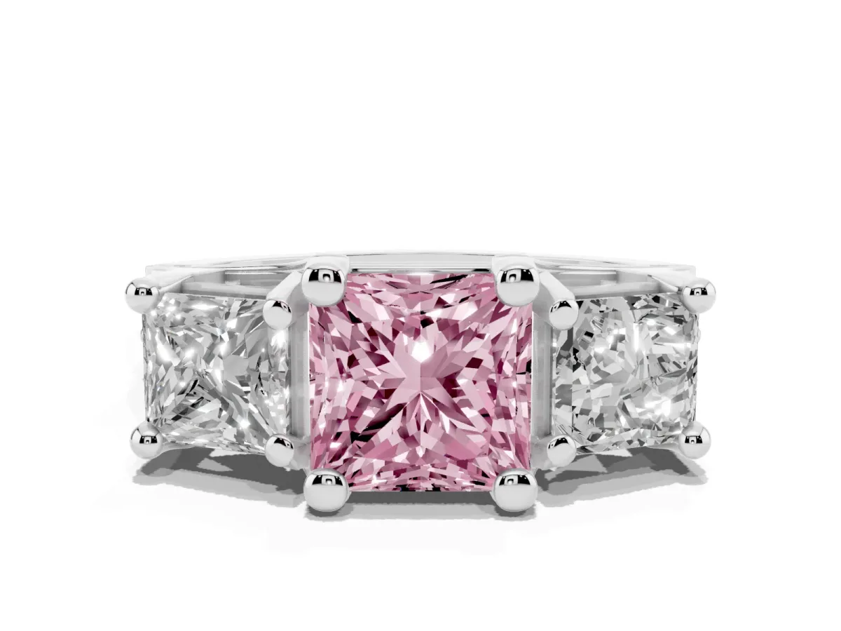 Fancy Pink Princess Cut Diamond Three-Stone Ring with Channel Set Band and Four-Prong Setting Silver