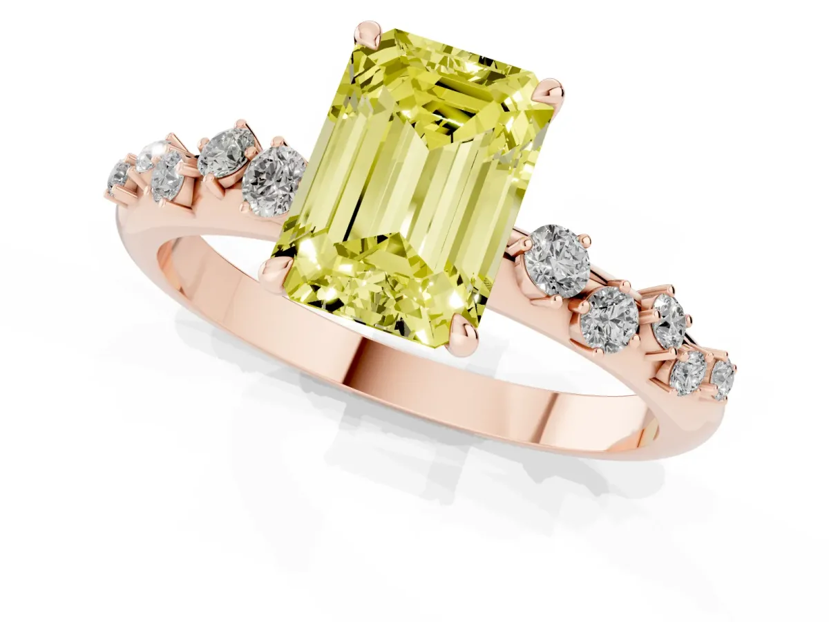 Fancy Yellow Emerald Cut Diamond Cluster Prong-Set Solitaire Ring Rose gold