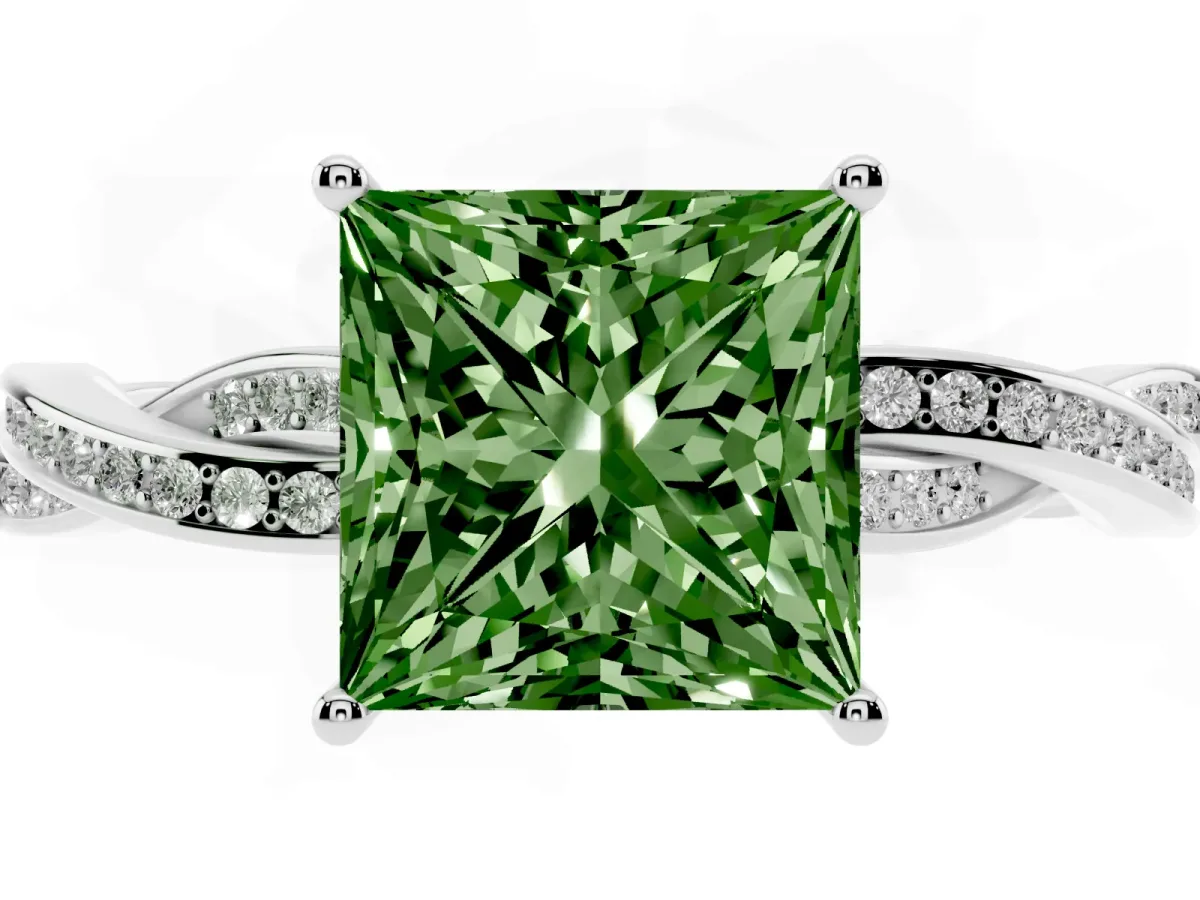Fancy Green Princess Cut Solitaire Twisted Pave Diamond Ring with Four-Prong Setting Silver
