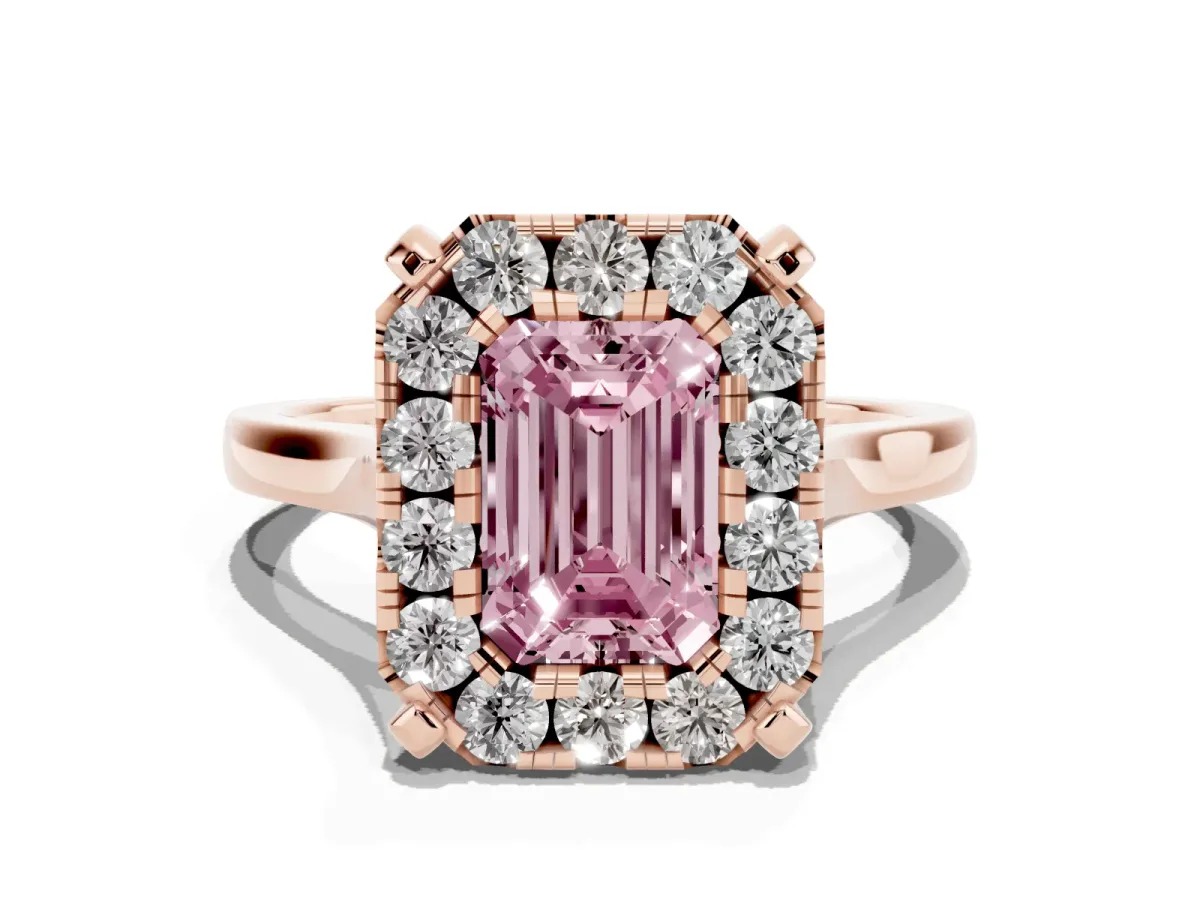 Fancy Pink Emerald Cut Diamond Cluster Halo Solitaire with Four-Prong Setting Rose gold