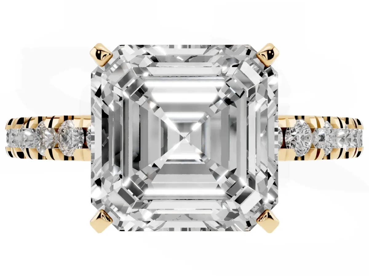 Asscher Cut Solitaire Diamond with Pavé Band and Four-Prong Setting Yellow gold