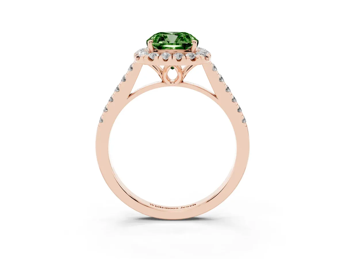 Fancy Green Cushion Cut Halo Pavé Diamond Engagement Ring with Four-Prong Setting Rose gold