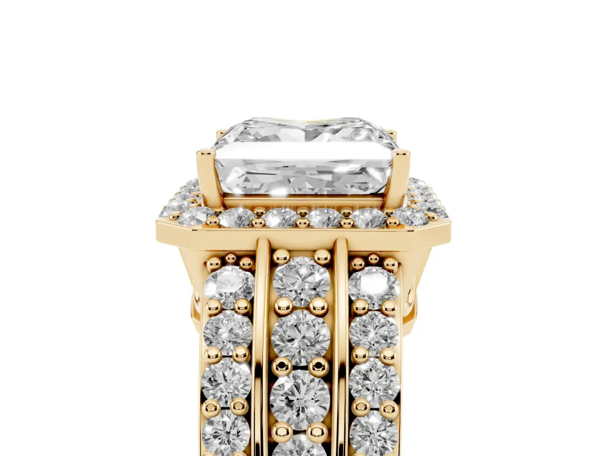 Princess Cut Halo Diamond Ring with Round Split Shank and Prong Setting Yellow gold