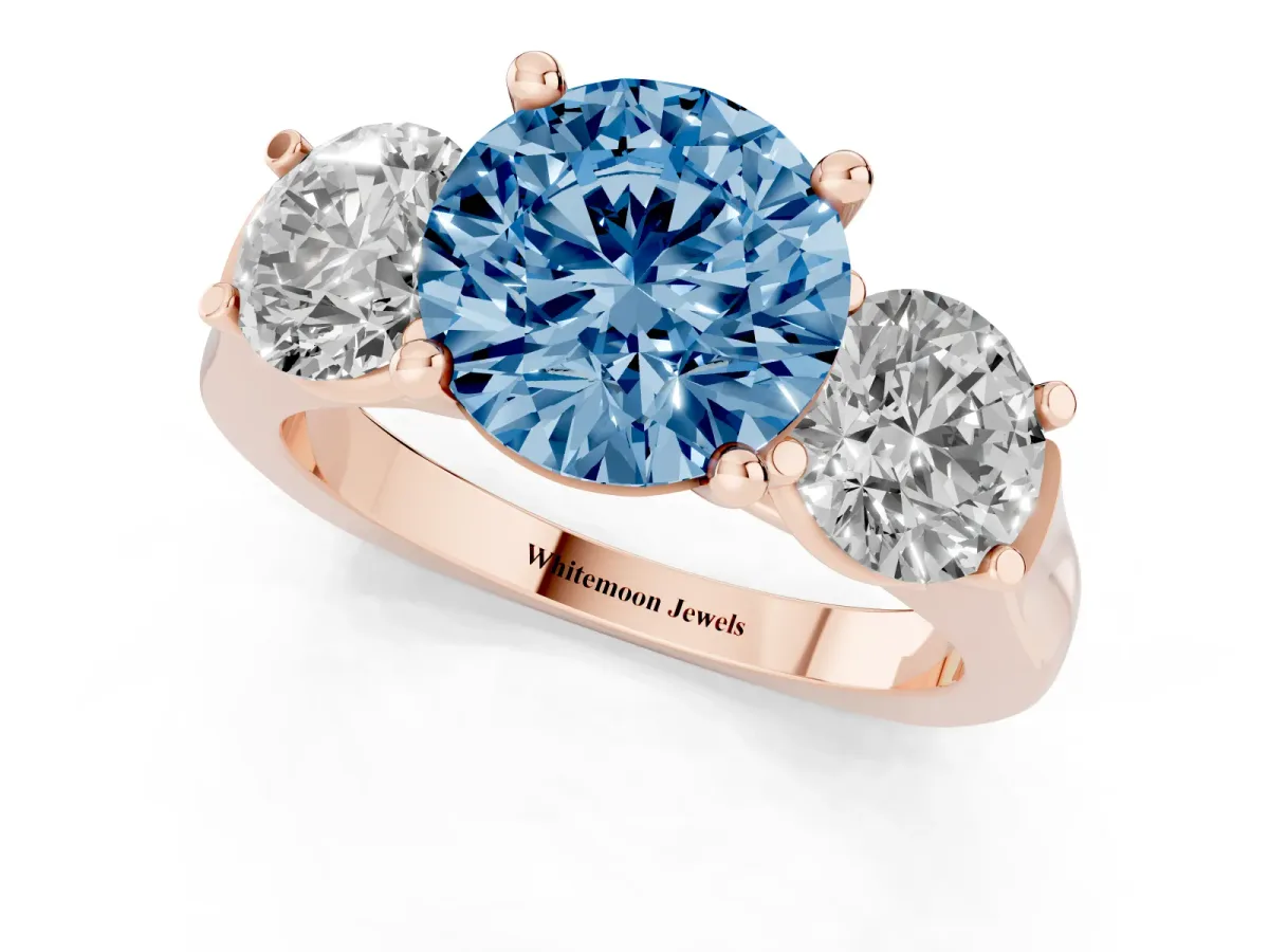 Fancy Blue Three-Stone Round Cut Brilliant Diamond Trellis Ring with Comfort Fit Band Rose gold