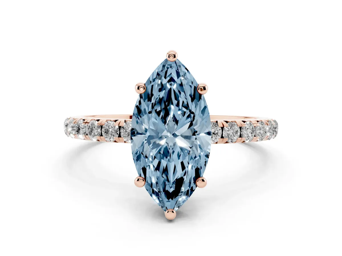 Fancy Blue Marquise Cut Cut Diamond Solitaire Ring with Micro Pave Band and Four Prong Setting Rose gold