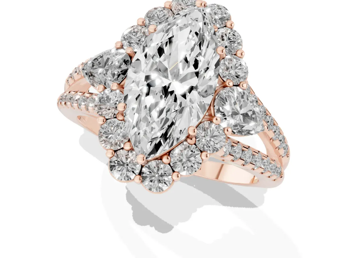 Marquise Cut Halo Split Shank Diamond Engagement Ring with Prong Setting Rose gold