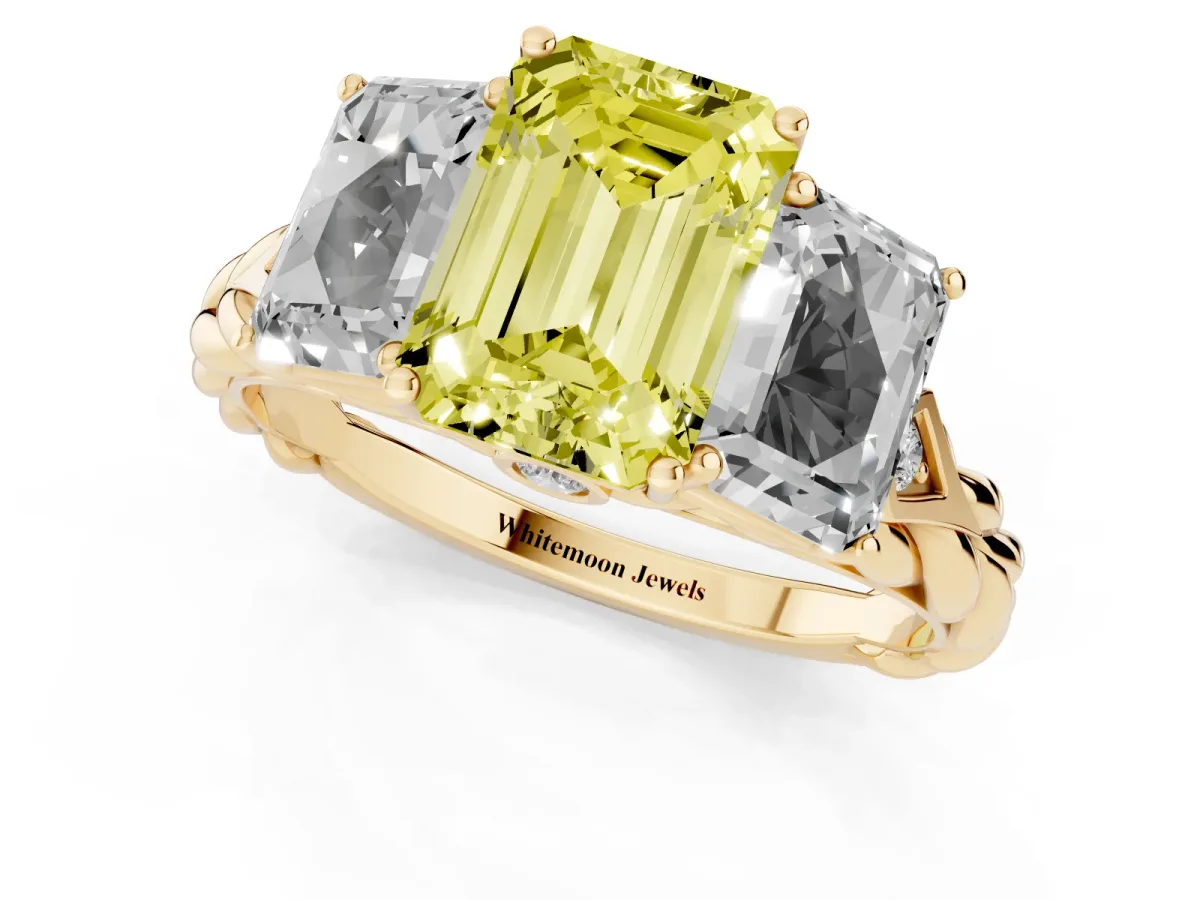 Fancy Yellow Three-Stone Emerald Cut Diamond Braided Band Ring with Four-Prong Setting Yellow gold