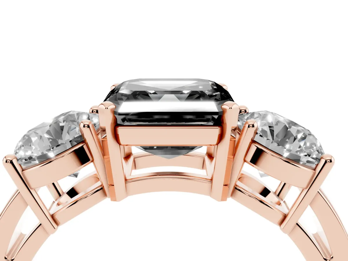Fancy Black Three-Stone Asscher Cut Diamond Ring with Round Side Stones, Classic Band, and Four-Prong Setting Rose gold