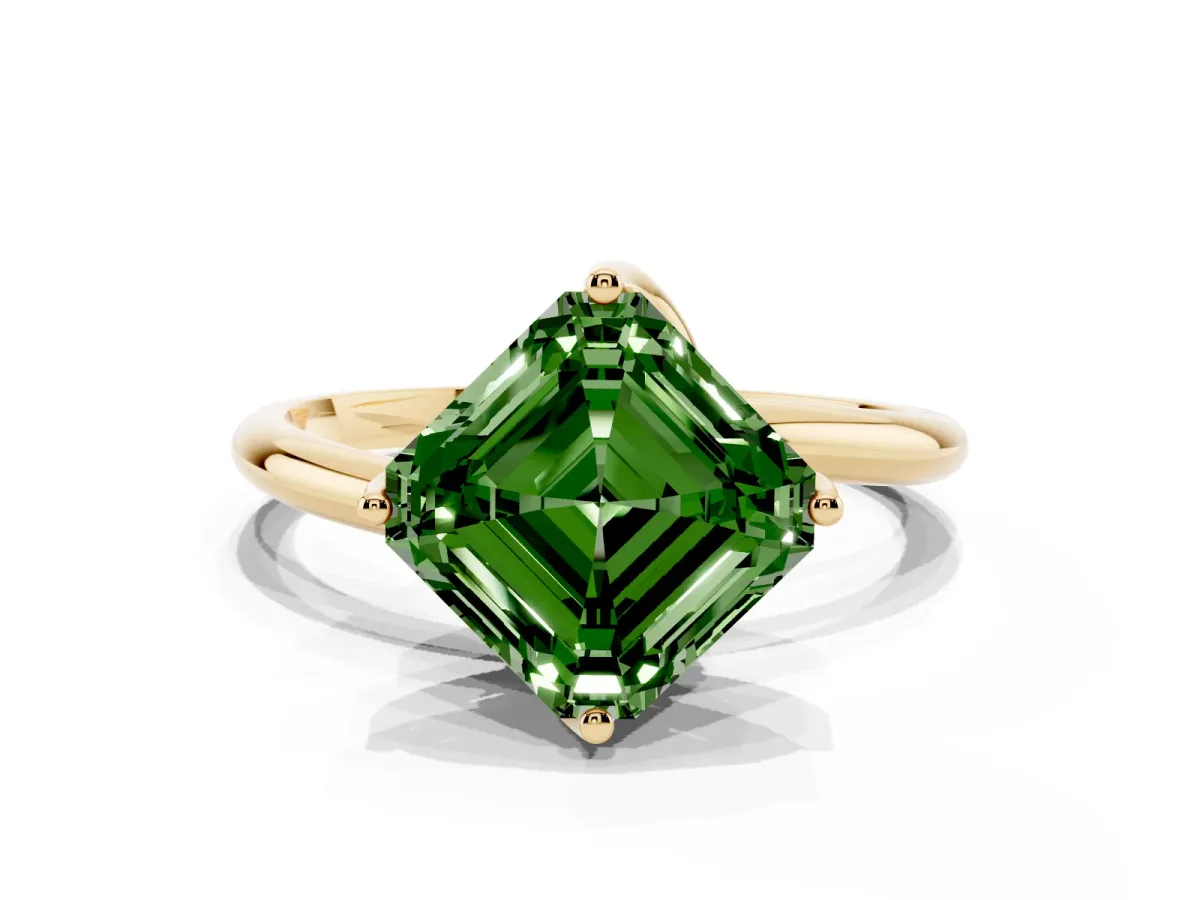 Fancy Green Asscher Cut Diamond Solitaire Engagement Ring with Four-Prong Setting and Classic Band Yellow gold