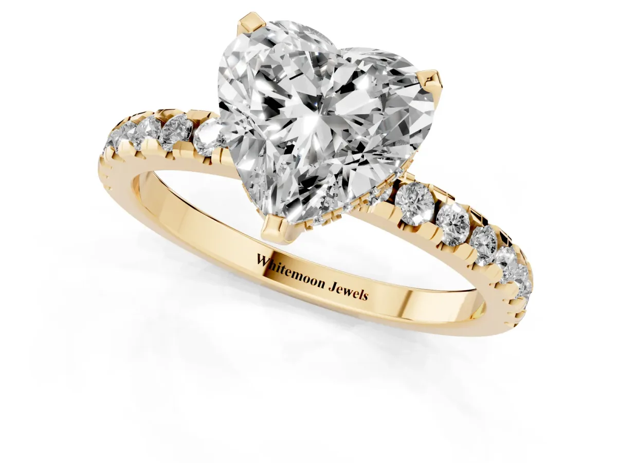 Heart Cut Diamond Solitaire Ring with Round Pavé Band and Four-Prong Setting Yellow gold