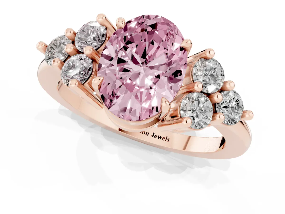Fancy Pink Oval Cut Brilliant Diamond Cluster Accent Solitaire Ring with Prong Setting Rose gold