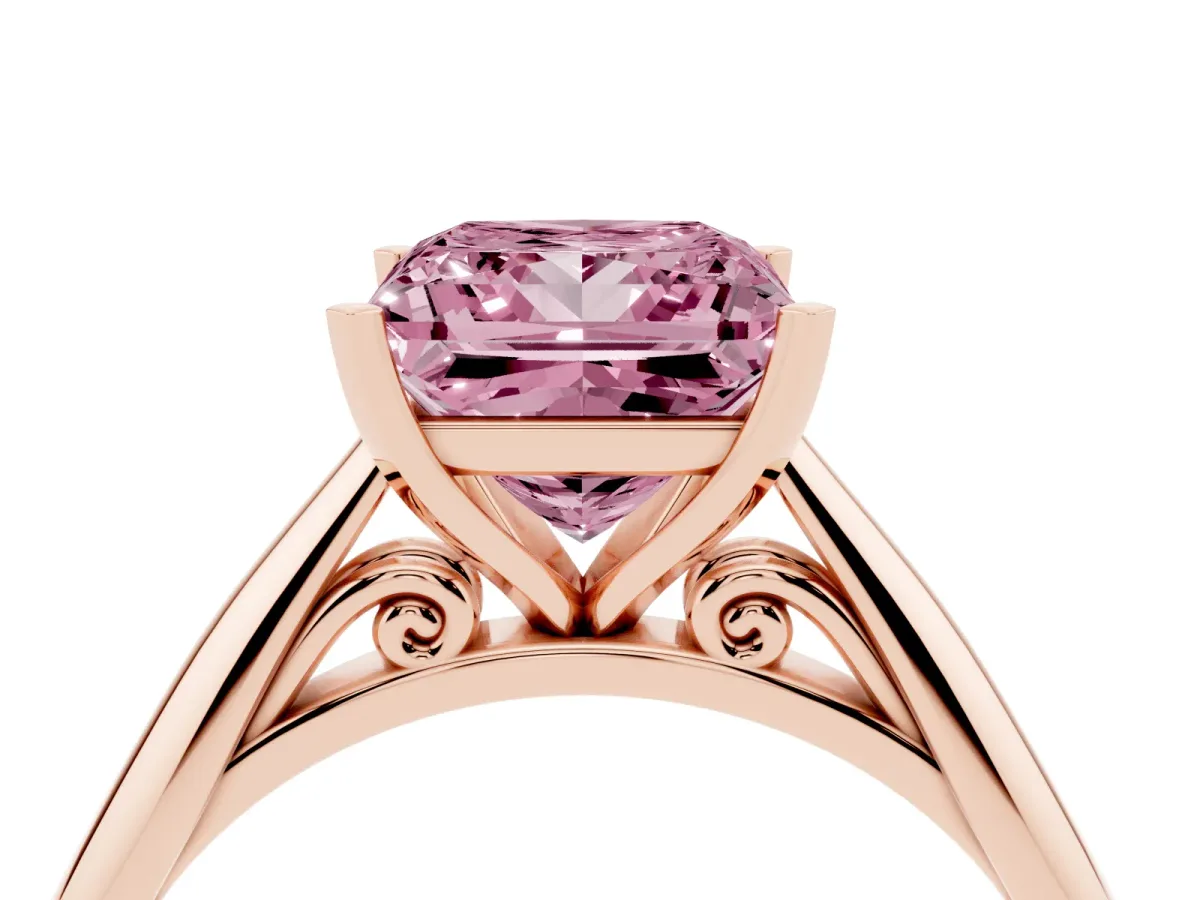 Fancy Pink Princess Cut Diamond Solitaire Engagement Ring with Cathedral Setting and Four-Prong Mount Rose gold