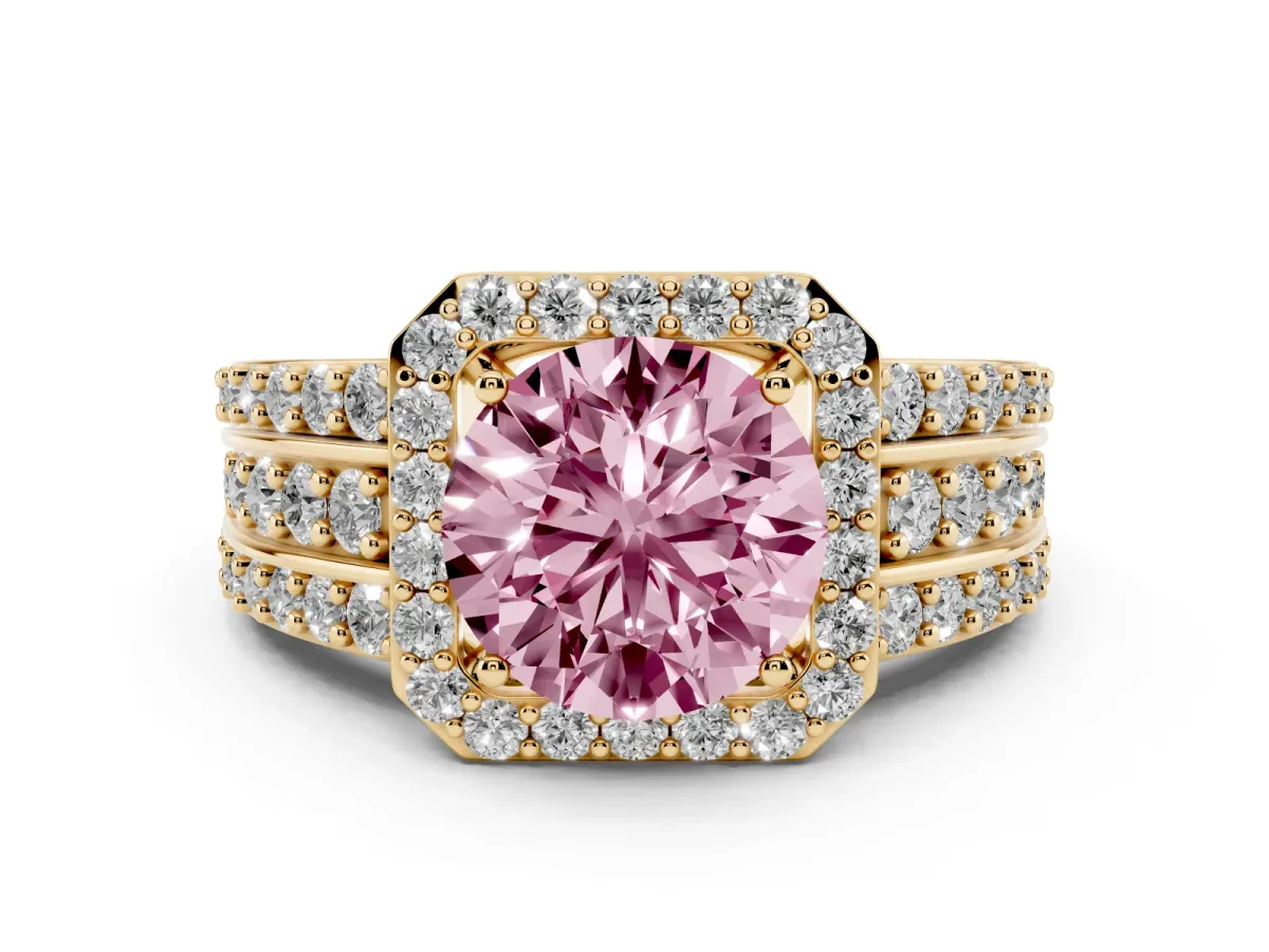 Fancy Pink Round Cut Halo Diamond Ring with Round Split Shank and Prong Setting Yellow gold