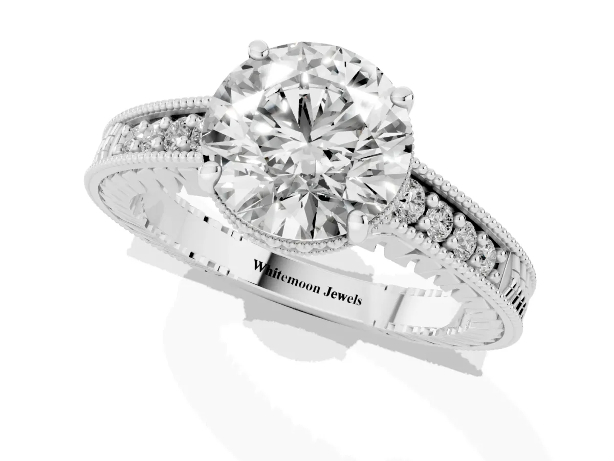 Round Cut Solitaire Pavé Diamond Milgrain Engagement Ring with Four-Prong Setting Silver