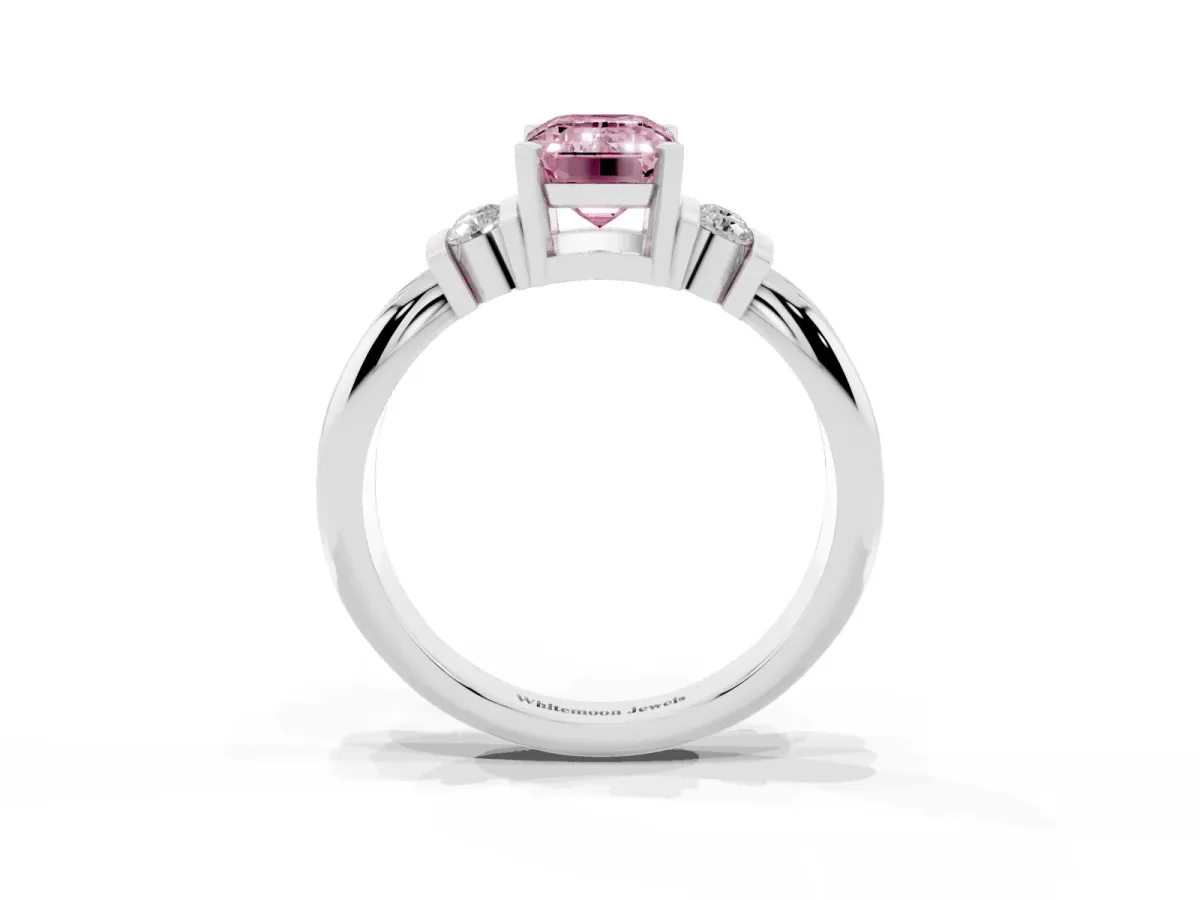 Fancy Pink Emerald Cut Cut Three-Stone Channel Set Ring with Bar Prongs Silver