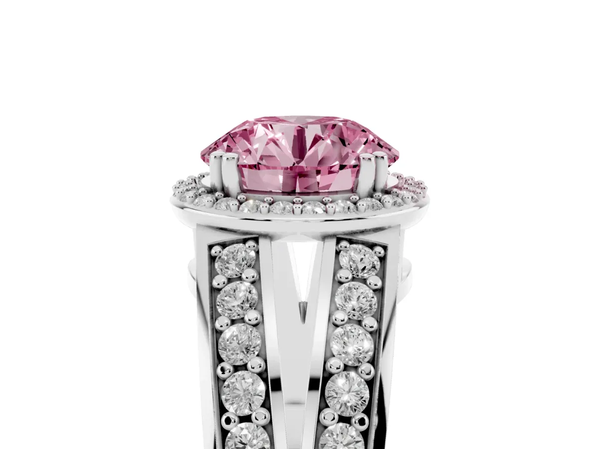 Fancy Pink Round Cut Diamond Halo Ring with Split Shank Pavé Band and Four-Prong Setting Platinum