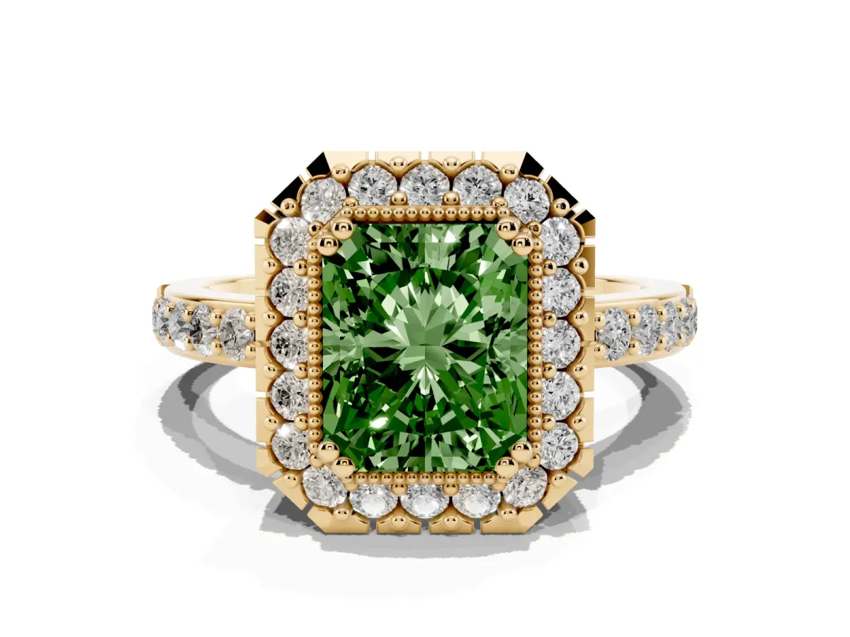 Fancy Green Radiant Cut Diamond Halo Ring with Pavé Band and Prong Setting Yellow gold