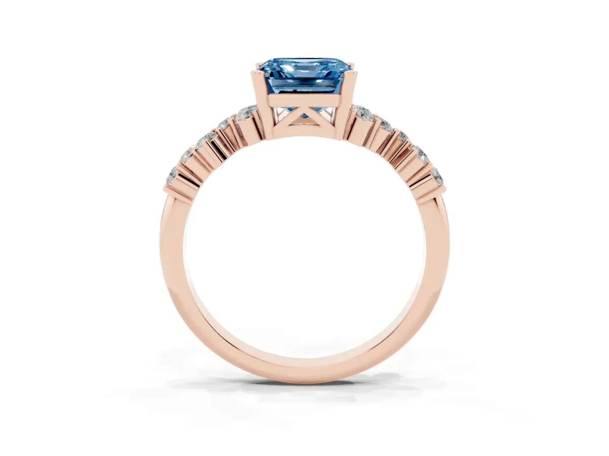Fancy Blue Asscher Cut Diamond Scattered Round Accent Ring with Prong Setting Rose gold