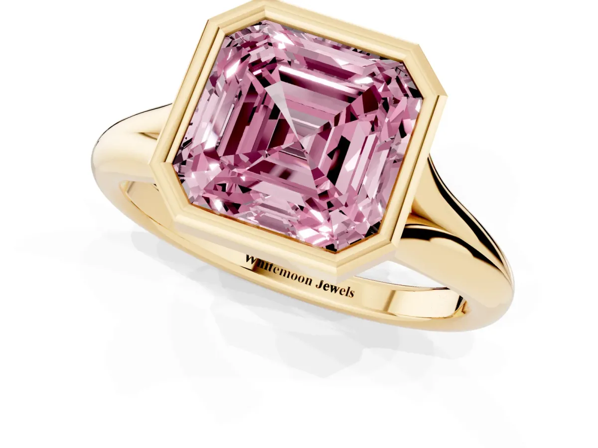 Fancy Pink Bezel Set Asscher Cut Solitaire Diamond Ring with Smooth Band Yellow gold