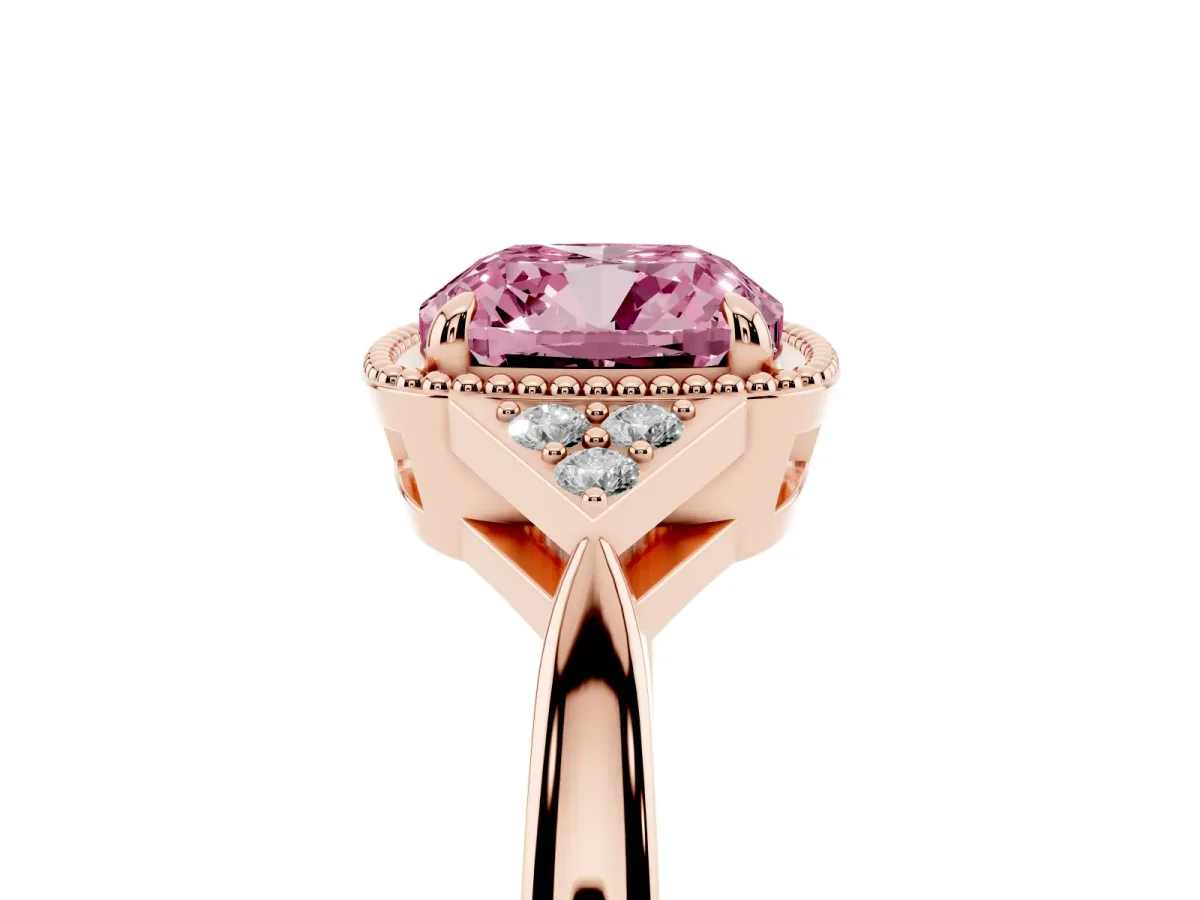 Fancy Pink Hexagonal Halo Cushion Cut Diamond Solitaire with Pavé Band and Four-Prong Setting Rose gold