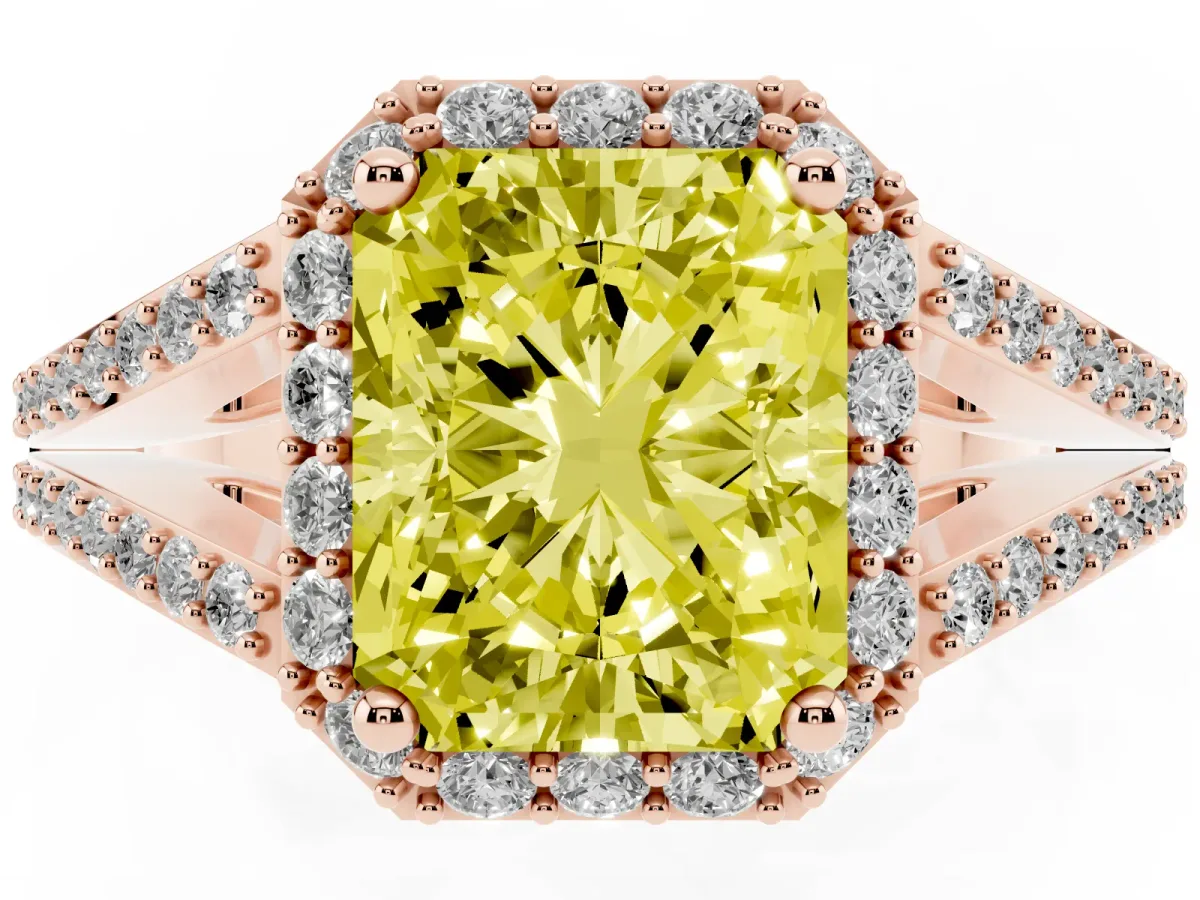 Fancy Yellow Radiant Cut Halo Split Shank Diamond Ring with Prong Setting Rose gold