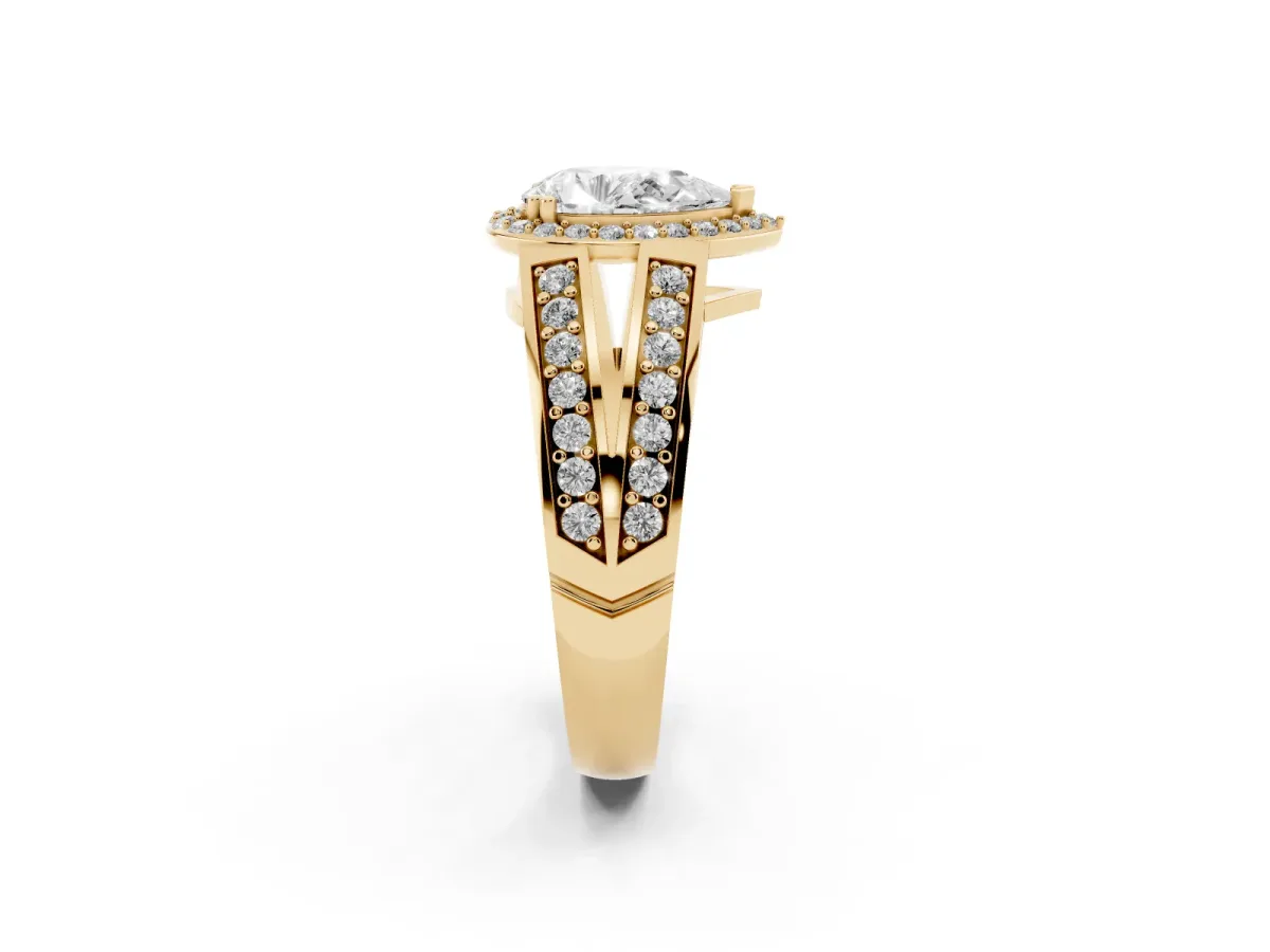 Pear Cut Diamond Halo Ring with Split Shank Pavé Band and Four-Prong Setting Yellow gold