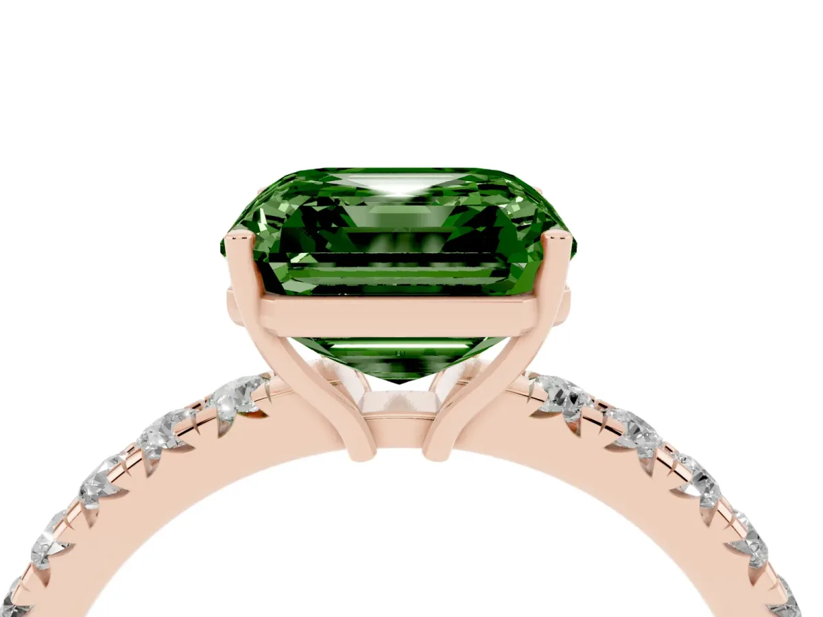 Fancy Green Asscher Cut Diamond Pavé Solitaire Engagement Ring with Four-Prong Setting Rose gold
