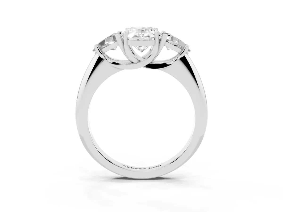 Three-Stone Oval Cut Diamond Engagement Ring with Trillion Side Stones and Prong Setting Silver