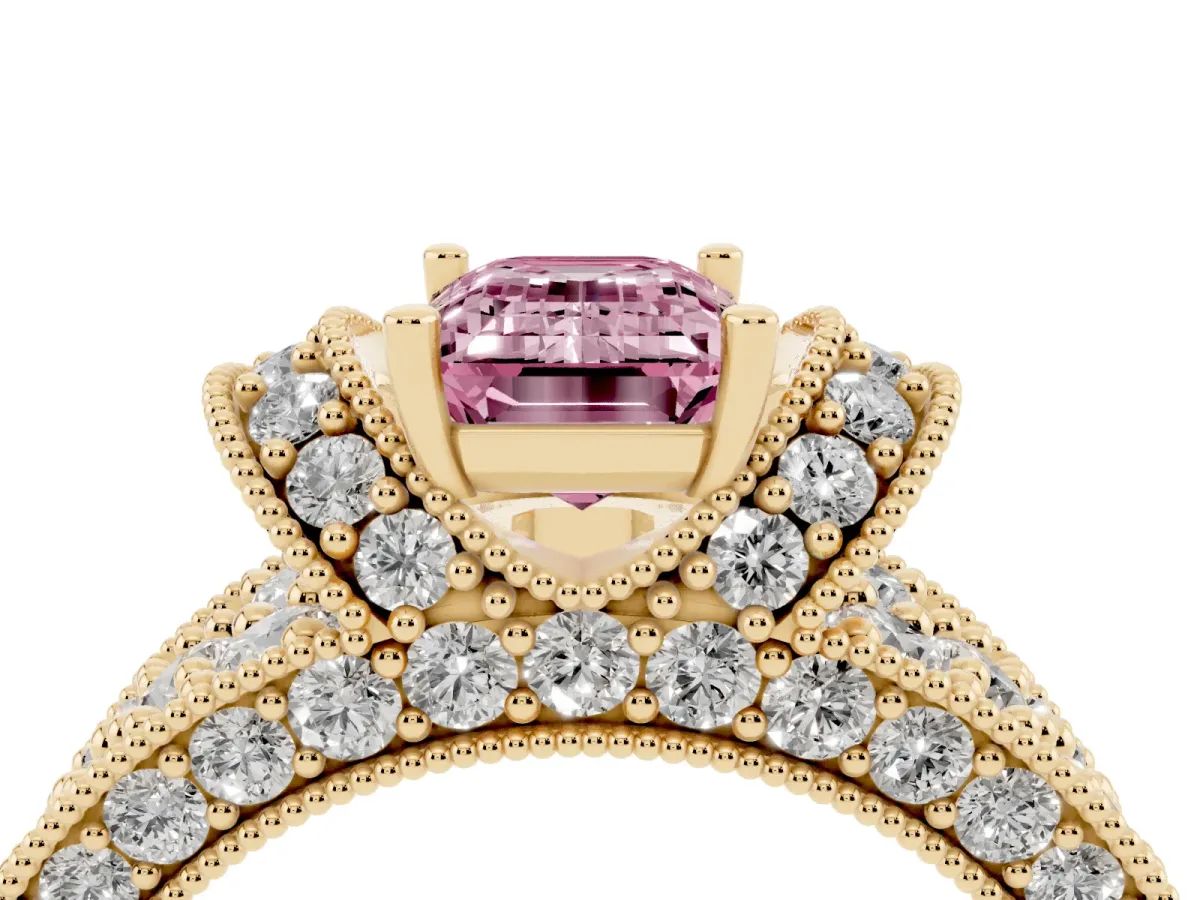 Fancy Pink Emerald Cut Halo Pave Diamond Engagement Ring with Milgrain Detailing Yellow gold