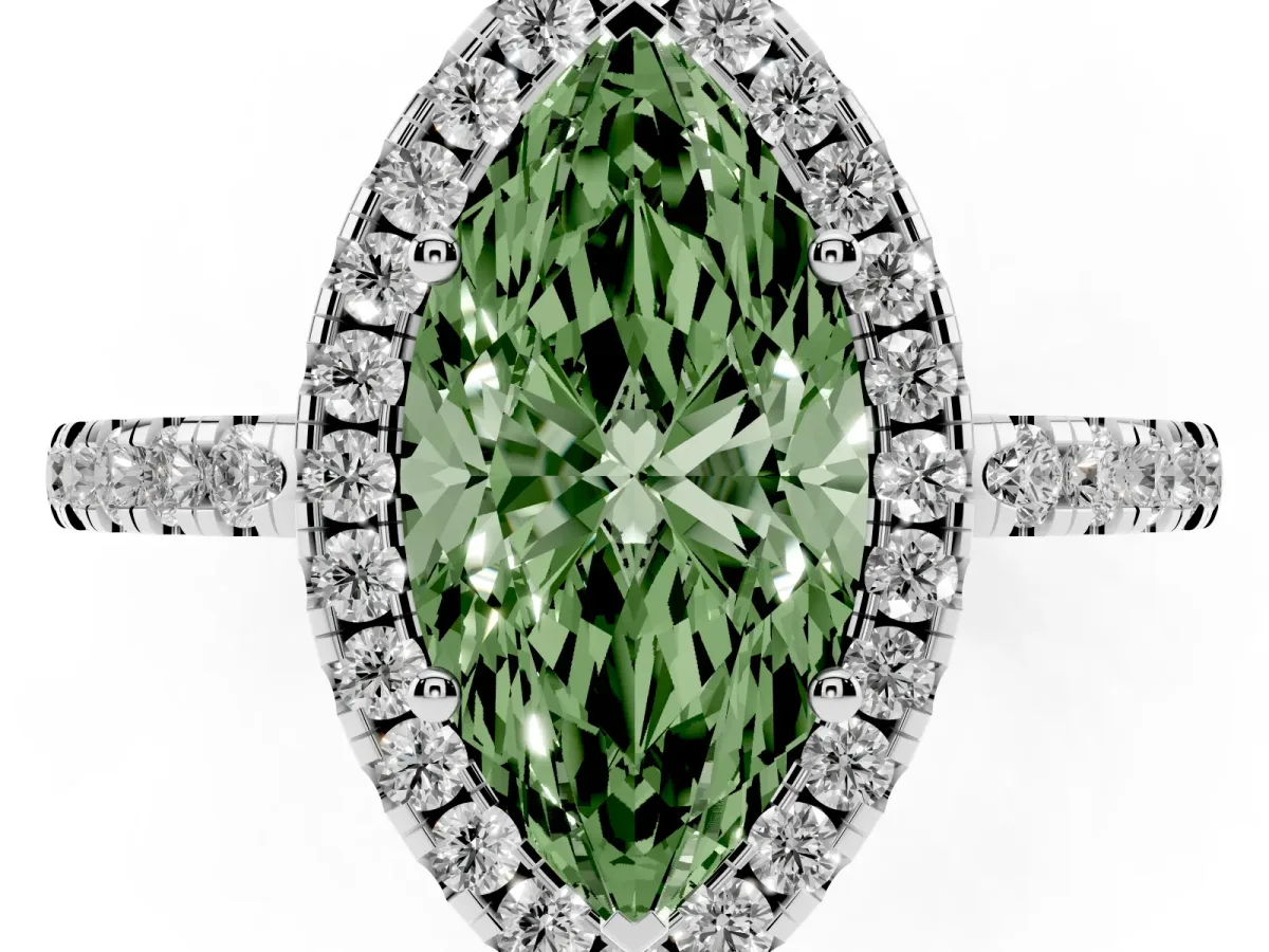 Fancy Green Marquise Cut Halo Diamond Engagement Ring with Pavé Band and Four-Prong Setting Silver