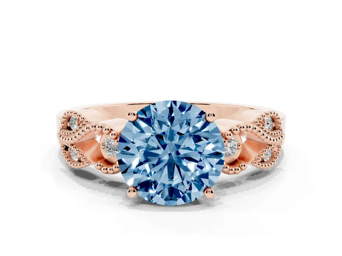 Fancy Blue Round Cut Solitaire Milgrain Leaf Band with Prong Setting Rose gold