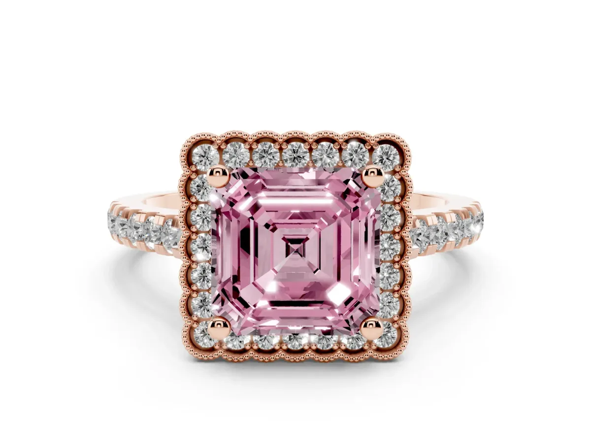 Fancy Pink Asscher Cut Cut Diamond Milgrain Floral Halo Engagement Ring with Pavé Band Rose gold