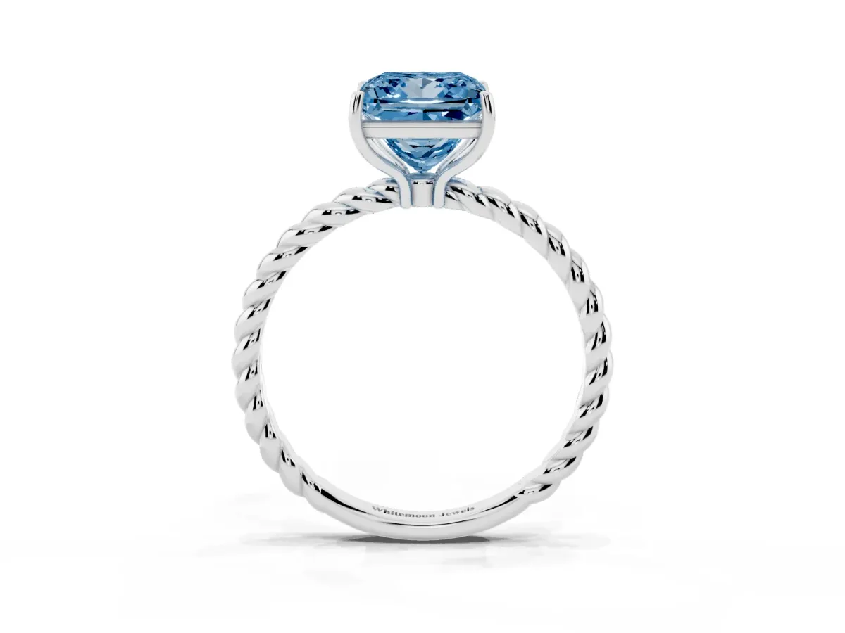 Fancy Blue Princess Cut Solitaire Twisted Band 4-Prong Ring Platinum