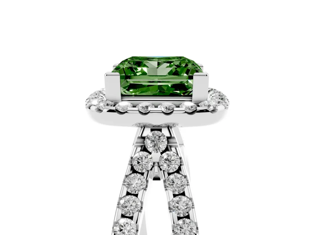 Fancy Green Princess Cut Diamond Halo Ring with Split Shank Pavé Band and Prong Setting Silver