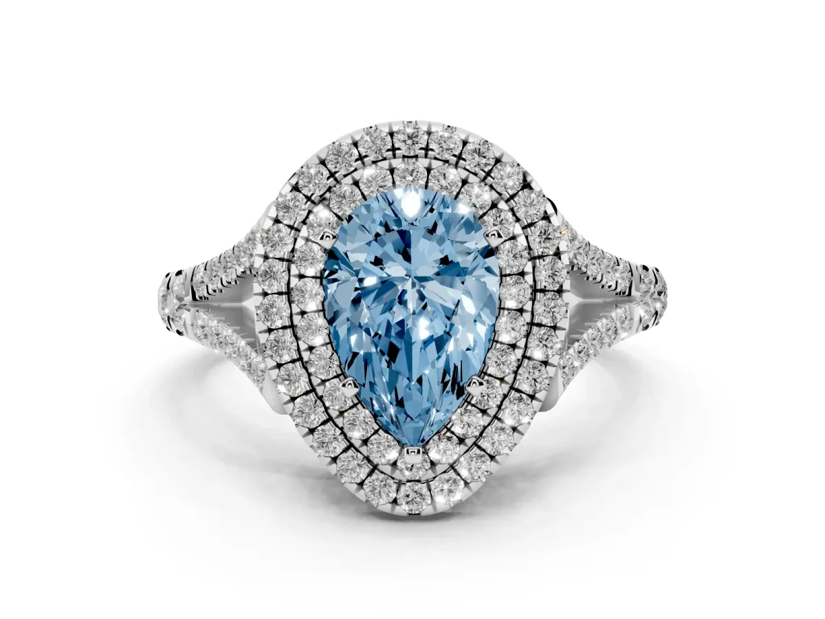 Fancy Blue Double Halo Pear Cut Diamond Split Shank Engagement Ring with Four-Prong Setting Silver
