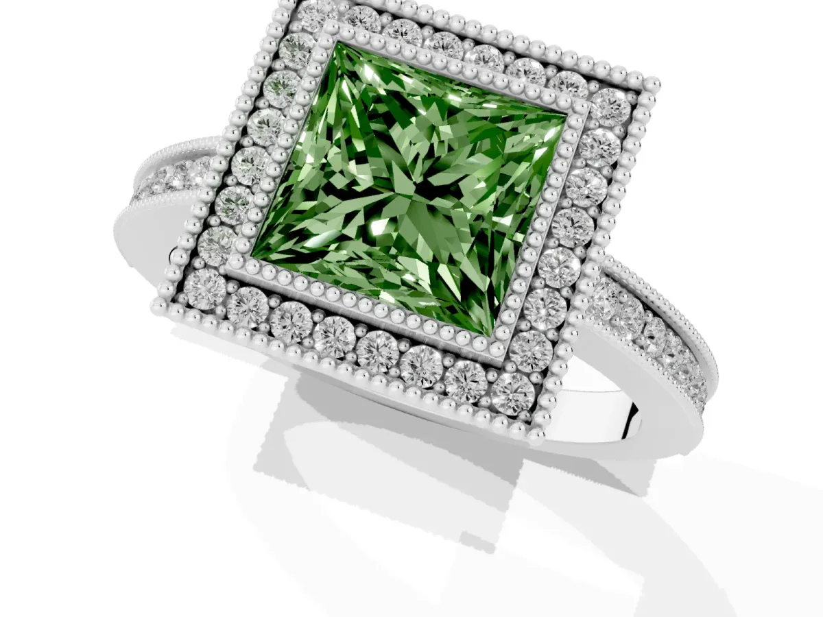 Fancy Green Princess Cut Cut Halo Diamond Ring with Pavé Band and Milgrain Prong Setting Platinum