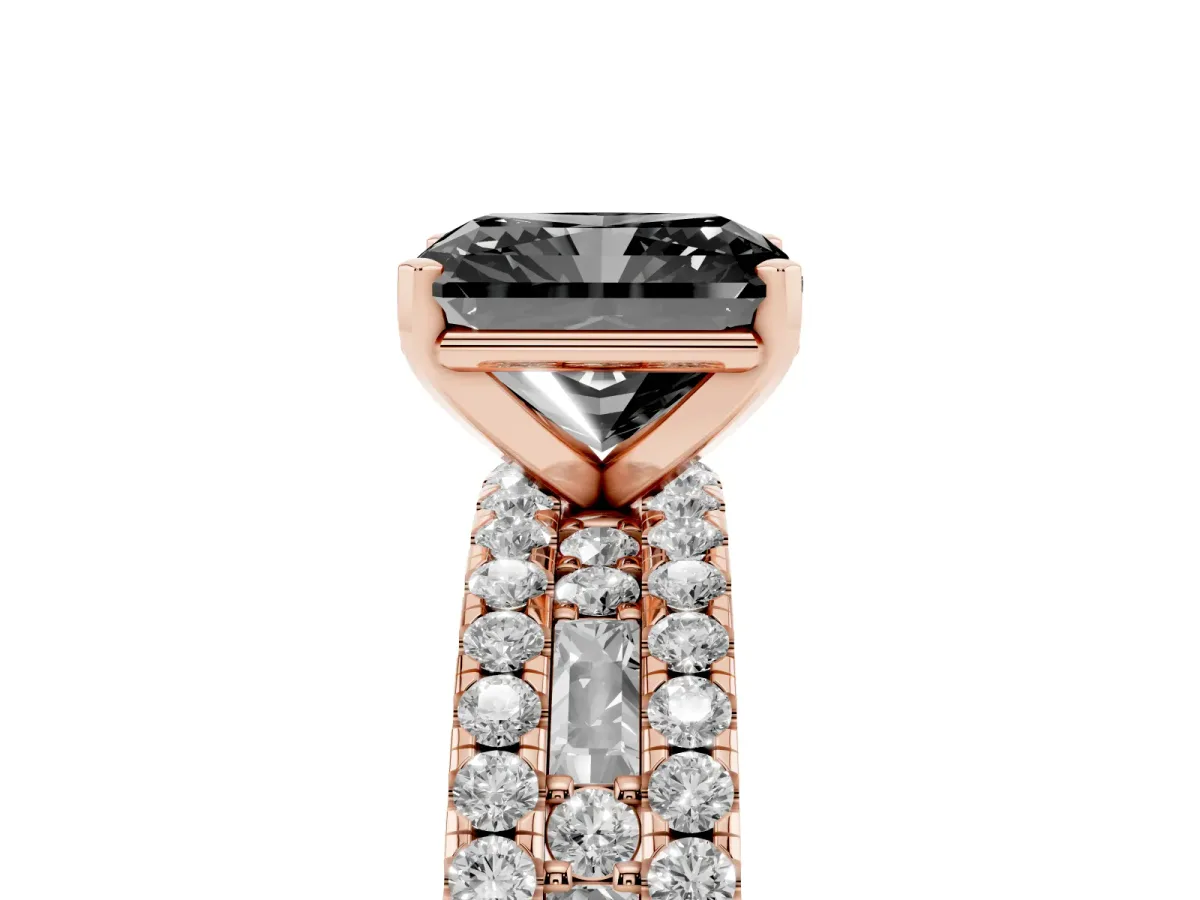 Fancy Black Radiant Cut Diamond Solitaire Ring with Pavé and Channel Set Band Rose gold