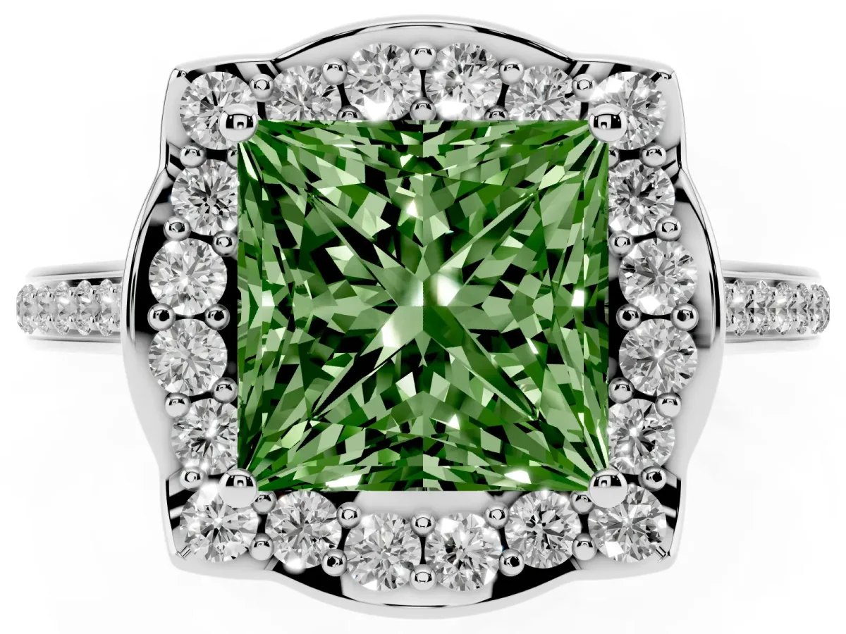 Fancy Green Princess Cut Halo Round Diamond Pave Band with Four-Prong Setting Silver