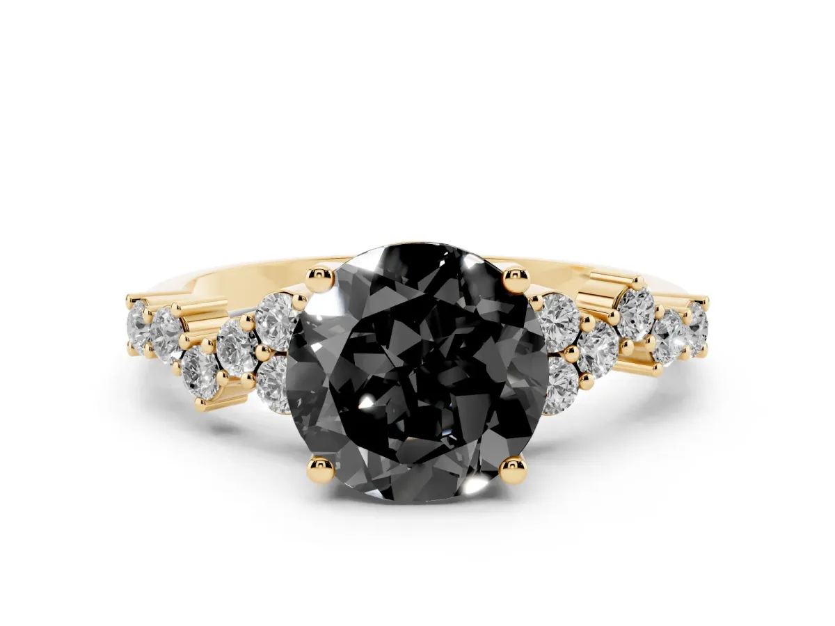 Fancy Black Round Cut Diamond Scattered Round Accent Ring with Prong Setting Yellow gold